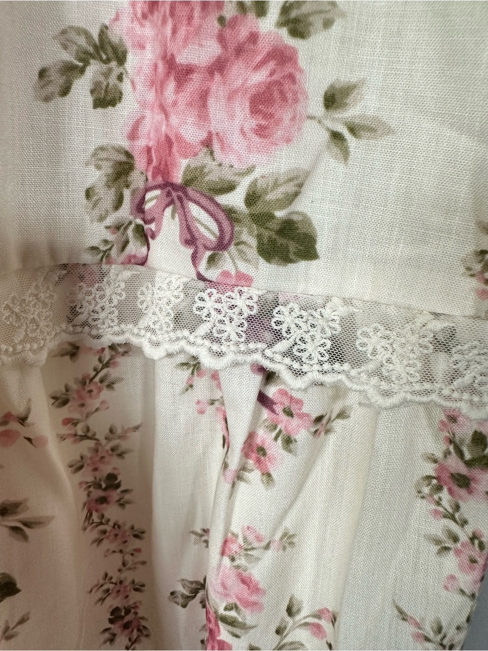 CIDER Floral Lace Trim Tiered Maxi Dress Cream Pink Rose Cottagecore Size L - Picture 5 of 11